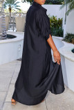 Black Casual Solid Color Buckle Patchwork Turndown Collar Long Dresses