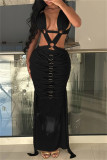Black Sexy Hot Solid Color Patchwork Backless Long Dresses
