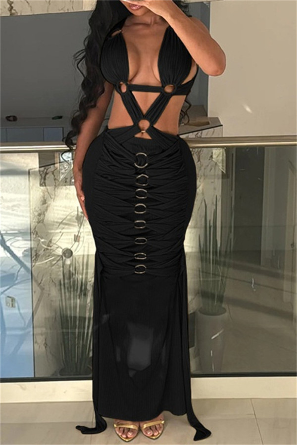 Black Sexy Hot Solid Color Patchwork Backless Long Dresses