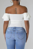 White Casual Solid Color Patchwork Backless Ruched Off Shoulder T-Shirts