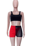 Red Sexy Patchwork See-Through Backless Contrast U Neck Sleeveless Three Pieces