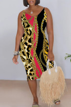 Black Red Casual Leopard Print Chains V Neck Printed Dresses