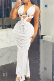 White Sexy Hot Solid Color Patchwork Backless Long Dresses