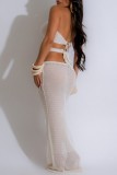 White Sexy Solid Color See-Through Backless Belted Swimwears Cover Up