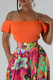 Tangerine Red Casual Solid Color Patchwork Backless Ruched Off Shoulder T-Shirts