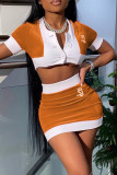 Tangerine Red Sexy Casual Patchwork Buttons Printing O Neck Short Sleeve Two Pieces