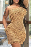 Brown Sexy Solid Color Fringed Trim Hollow Out See-Through Oblique Collar Wrapped Skirt Dresses
