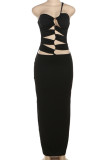Black Sexy Solid Color Hollow Out Patchwork Backless Spaghetti Strap Long Dresses