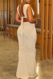 White Sexy Hot Solid Color Patchwork Backless Long Dresses