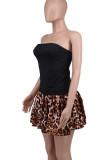 Black Sexy Leopard Print Patchwork Backless Ruched Strapless A Line Dresses