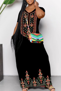 Black Casual Geometric Print Pocket V Neck Printed Dresses
