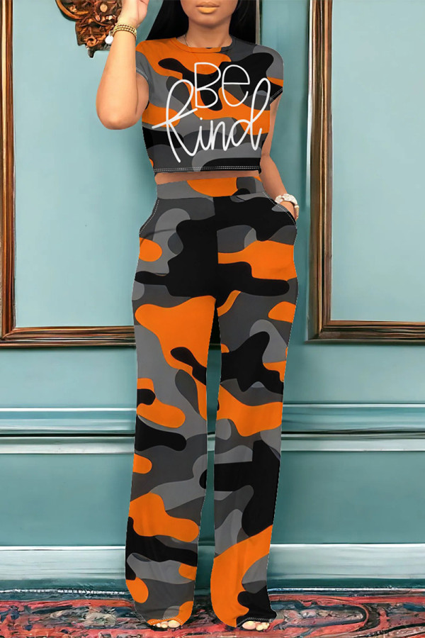 Orange Casual Street Camouflage Print Letter Print Pocket O Neck Short Sleeve Two Pieces