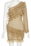 Brown Sexy Solid Color Fringed Trim Hollow Out See-Through Oblique Collar Wrapped Skirt Dresses