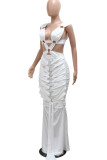 White Celebrities Solid Color Hollow Out Patchwork Ruched Deep V Neck Evening Dresses