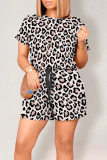Pink Casual Leopard Print Draw String Pocket O Neck Loose Rompers