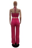 Rose Red Sexy Solid Color Hollow Out See-Through Backless Belted Halter Sleeveless Two Pieces