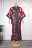Rose Purple Casual Print Patchwork V Neck Long Plus Size Dresses