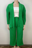 Green Casual Solid Color Pocket Patchwork Cardigan Collar Plus Size Two Pieces