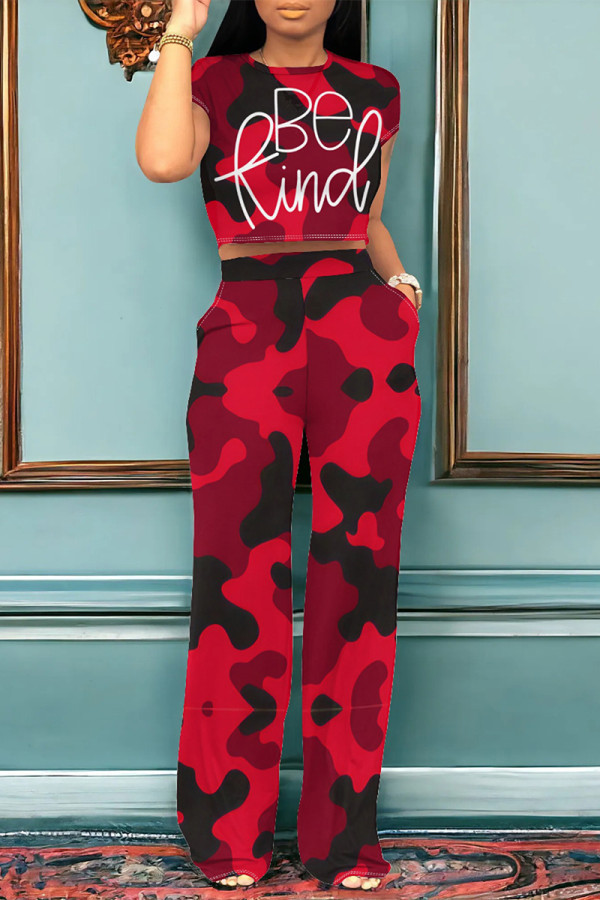 Red Casual Street Camouflage Print Letter Print Pocket O Neck Short Sleeve Two Pieces