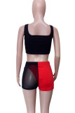 Red Sexy Patchwork See-Through Backless Contrast U Neck Sleeveless Three Pieces