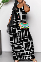 Black And White Casual Print Pocket Patchwork V Neck Long Dresses