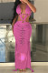 Rose Red Sexy Hot Solid Color Patchwork Backless Long Dresses