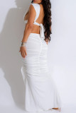White Celebrities Solid Color Hollow Out Patchwork Ruched Deep V Neck Evening Dresses