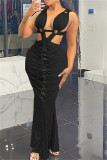 Black Sexy Hot Solid Color Patchwork Backless Long Dresses