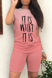 Pink Casual Daily Gradient Print Letter Print O Neck Short Sleeve Two Pieces