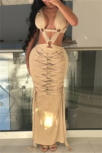 Khaki Sexy Hot Solid Color Patchwork Backless Long Dresses