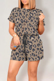 Grey Casual Leopard Print Draw String Pocket O Neck Loose Rompers