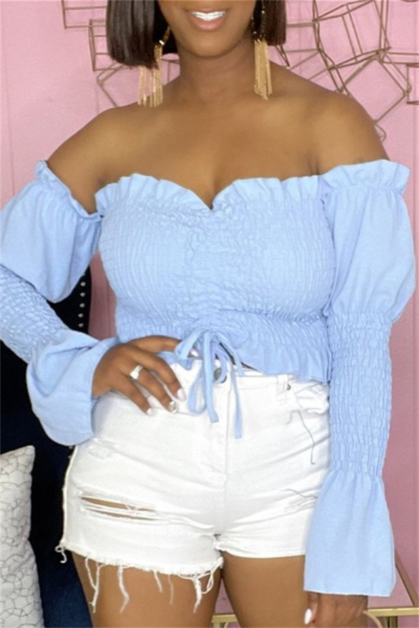 Blue Sexy Casual Solid Draw String Backless Off the Shoulder Tops