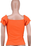 Tangerine Red Casual Solid Color Patchwork Backless Ruched Off Shoulder T-Shirts