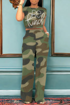 Army Green Casual Street Camouflage Print Letter Print Pocket O Neck Short Sleeve Two Pieces