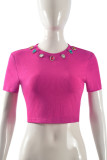 Rose Red Casual Solid Color Rhinestone Decor O Neck T-Shirts
