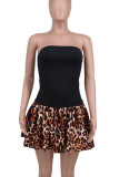 Black Sexy Leopard Print Patchwork Backless Ruched Strapless A Line Dresses