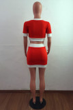 Tangerine Red Sexy Casual Patchwork Buttons Printing O Neck Short Sleeve Two Pieces