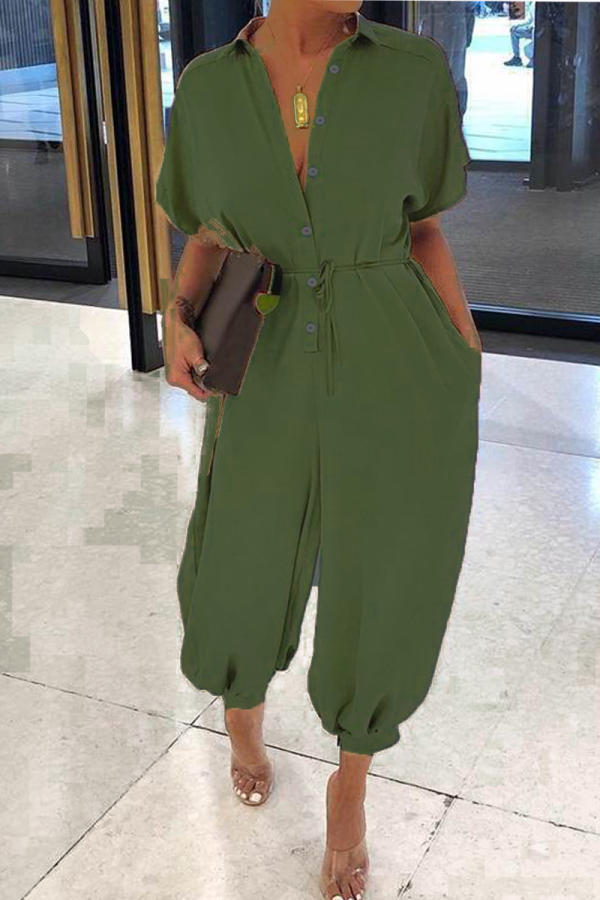 Green Casual Solid Patchwork Turndown Collar Harlan Jumpsuits