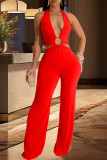 Red Sexy Solid Color Hollow Out Patchwork Strap Design Halter Loose Jumpsuits