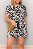 Pink Casual Leopard Print Draw String Pocket O Neck Loose Rompers