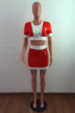 Tangerine Red Sexy Casual Patchwork Buttons Printing O Neck Short Sleeve Two Pieces