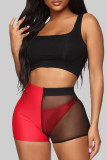 Tangerine Red Sexy Patchwork See-Through Backless Contrast U Neck Sleeveless Three Pieces