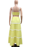 Yellow Celebrities Patchwork Backless Ruched Square Neck Sleeveless Two Pieces