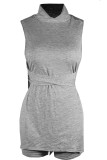 Grey Casual Solid Color Patchwork O Neck Sleeveless Two Pieces