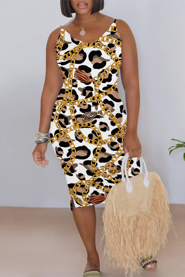 White Casual Leopard Print Chains V Neck Printed Dresses