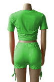 Green Casual Solid Color Draw String Patchwork O Neck Short Sleeve Two Pieces