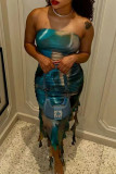 Turquoise Celebrities Print Patchwork Backless Slit Flounce Strapless Irregular Dresses