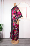 Rose Purple Casual Print Patchwork V Neck Long Plus Size Dresses