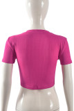 Rose Red Casual Solid Color Rhinestone Decor O Neck T-Shirts