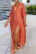 Orange Casual Solid Color Buckle Patchwork Turndown Collar Long Dresses